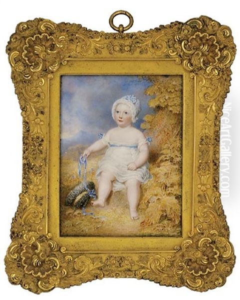 Archibald William, 8th Marquess Of Queensberry As A Child, Full-length, Seated On A Bank In Loose White Dress, With Blue Bows At Shoulders And Holding A Blue Ribbon In His Right Hand Oil Painting by William Douglas