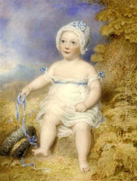 Archibald William, 8th Marquess Of Queensberry, As A Child, Seated On A Bank In Loose White Dress, With Blue Bows At Shoulders And Holding A Blue Ribbon In His Right Hand Oil Painting by William Douglas