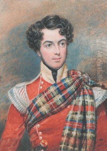 Thomas Henry Duthie Wearing The Uniform Of The 72nd Duke Of Albany's Own Highlanders, Scarlet Coatee With Silver Wings, Yellow Facings And Tartan Plaid Sash Oil Painting by William Douglas