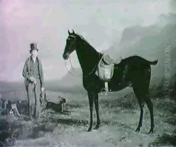 General Lord Robert Kerr Of Newbattle Rough Shooting In A   Mountainous Landscape, With His Pony And Two Pointers Oil Painting by William Douglas