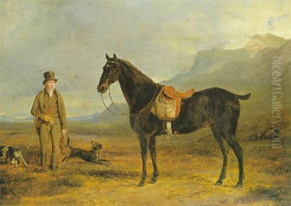 General Lord Robert Kerr Of Newbattle Rough Shooting In A Mountainous Landscape, With His Pony And Two Pointers Oil Painting by William Douglas