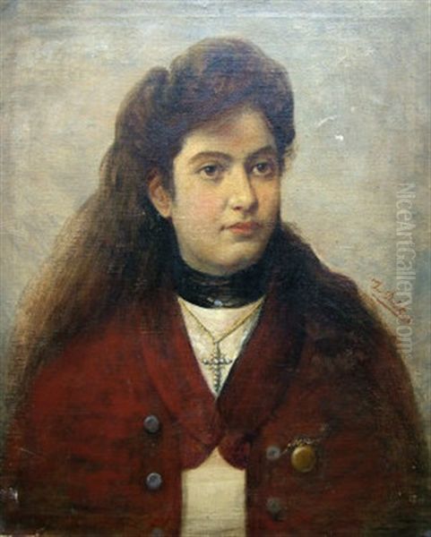 Portrait Of A Lady, In A Red Coat Oil Painting by Ioannis Doukas