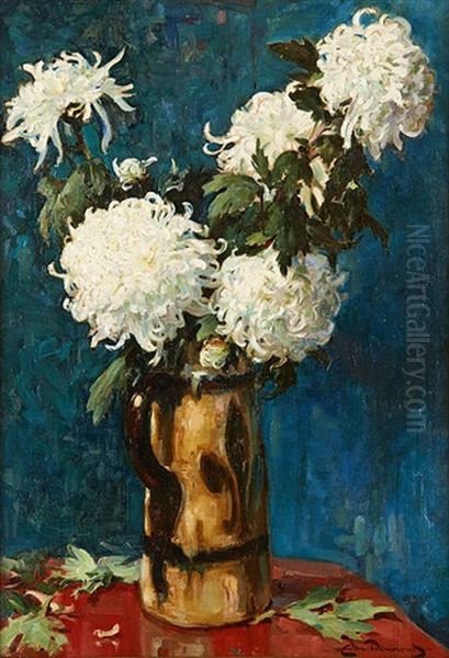 Vase Fleuri De Chrysanthemes Oil Painting by Edmond Doumont