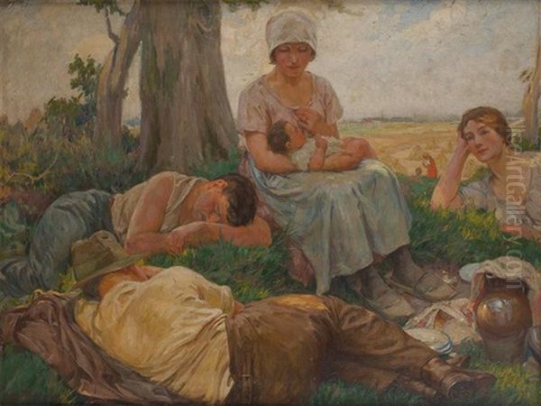 Maternite Et Repos Des Faucheurs Oil Painting by Edmond Doumont