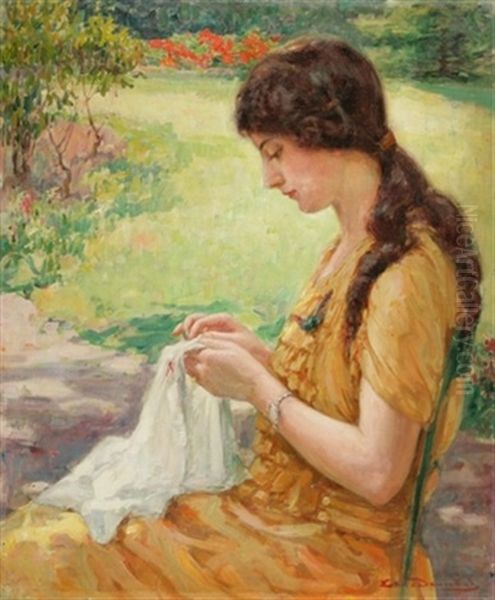 Jeune Femme A La Couture Dans Un Jardin Ensoleille Oil Painting by Edmond Doumont