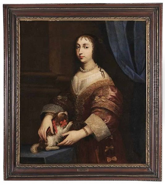 Portrait Of A Noblewoman With A King Charles Spaniel Oil Painting by Jan Frans van Douven