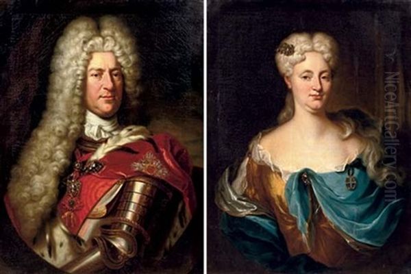 Portrait Of Grafin Violanta, In An Ochre Dress And Blue Wrap (+ Portrait Of Kurfurst Charles Iii, In Armour With A Red Wrap; Pair) Oil Painting by Jan Frans van Douven