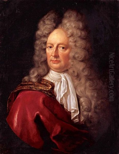 Portrait Of A Nobleman Wearing A White Cravat And A Red Overcoat Oil Painting by Jan Frans van Douven