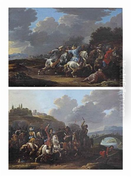 Cavalry Engagements Between Ottomans And Christians In Hilly Landscapes Oil Painting by Simon Johannes van Douw