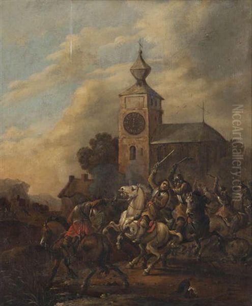 Cavaleriegevecht Bij Kerktoren Op Het Middaguur Oil Painting by Simon Johannes van Douw