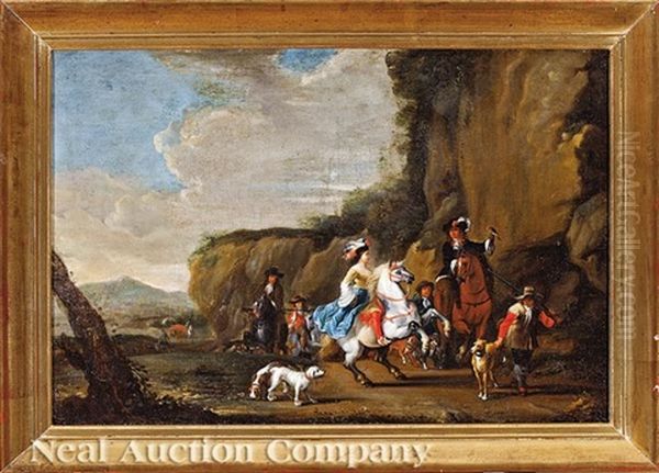 An Elegant Hunting Party In A Landscape Oil Painting by Simon Johannes van Douw