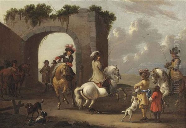 A Riding School Oil Painting by Simon Johannes van Douw