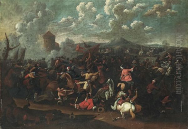 Bataljscen Oil Painting by Simon Johannes van Douw