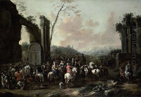 An Italianate Landscape With Travellers Gathering By A Fountain Amongst Classical Ruins Oil Painting by Simon Johannes van Douw