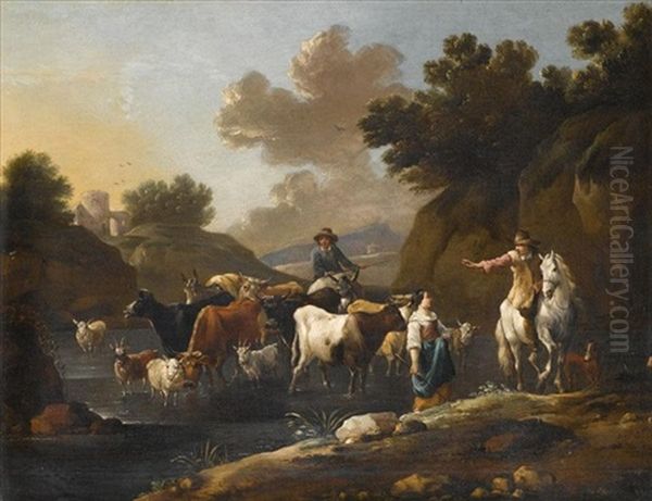 A Pastoral Landscape With Horses, Sheep And Cattle In A Stream Oil Painting by Simon Johannes van Douw