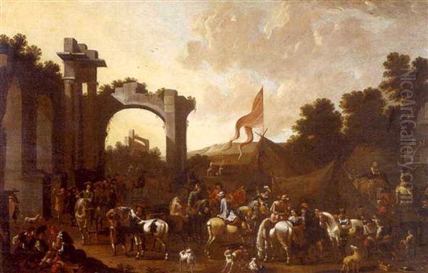 A Hunting Party With Numerous Figures And Ruins Beyond Oil Painting by Simon Johannes van Douw