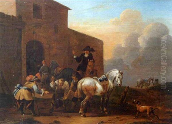 Shoing The Gentleman's Horse Oil Painting by Simon Johannes van Douw