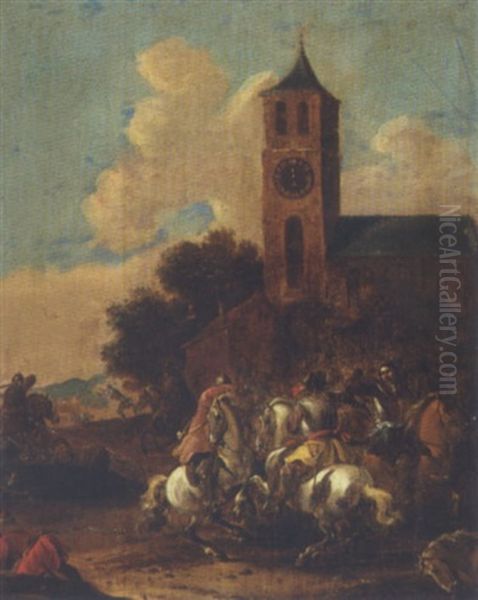 Kyradsklaedte Ryttersoldater I Kamp Foran En Landsbykirke Oil Painting by Simon Johannes van Douw