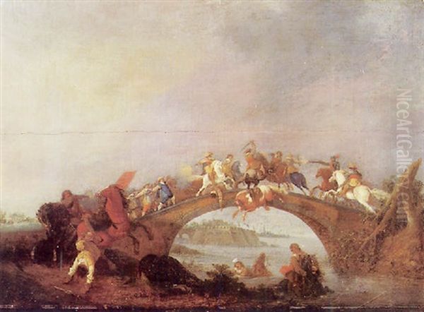 Choc De Cavalerie Sur Un Pont Oil Painting by Simon Johannes van Douw