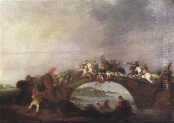 Choc De Cavalerie Sur Un Pont Oil Painting by Simon Johannes van Douw