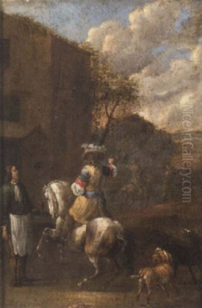 A Horseman With Hounds Taking Refreshment At An Inn Oil Painting by Simon Johannes van Douw