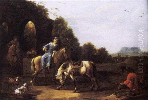 A Hunting Party Taking Refreshment At A Well Oil Painting by Simon Johannes van Douw