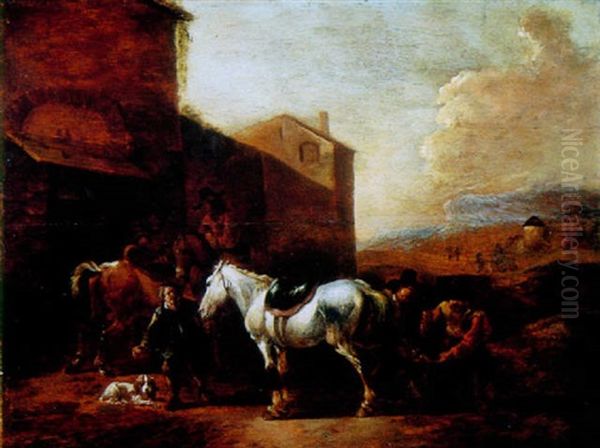 Figures Shoeing A Horse Ouside A Walled Town Oil Painting by Simon Johannes van Douw