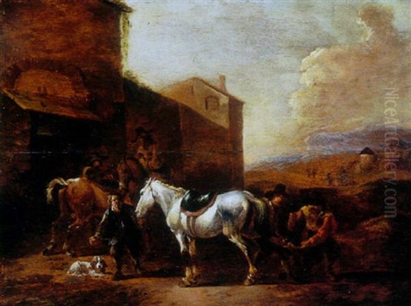 Figures Shoeing A Horse Outside A Walled Town Oil Painting by Simon Johannes van Douw