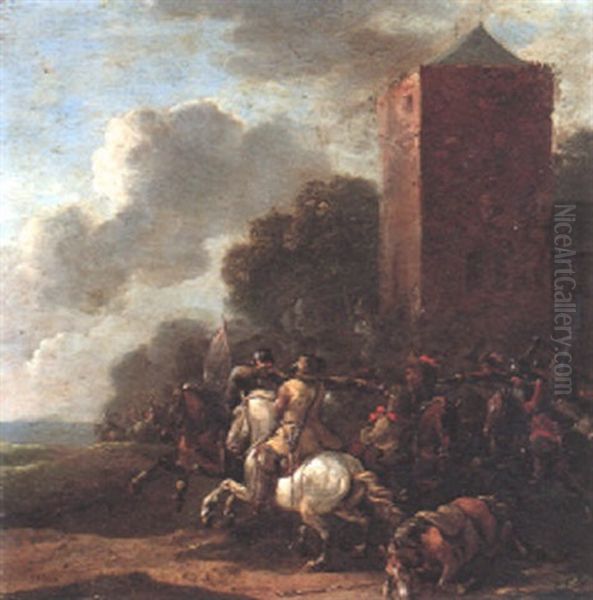 Cavalry Skirmish Outside A Church Oil Painting by Simon Johannes van Douw