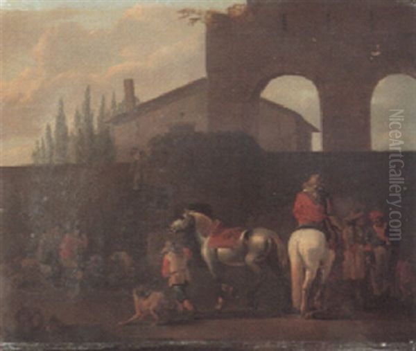 Huntsman Departing From The Courtyard Of A Villa Oil Painting by Simon Johannes van Douw