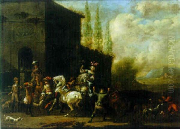 Landscape With A Hawking Party Oil Painting by Simon Johannes van Douw