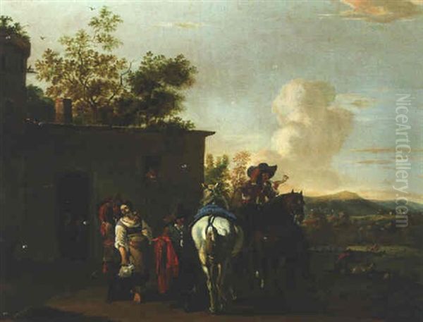 Calvary Officers Halting Outside An Inn Oil Painting by Simon Johannes van Douw