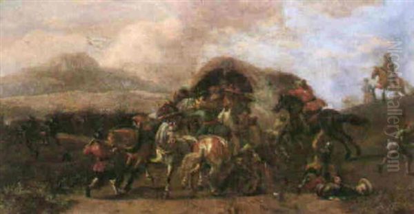 Bandits Ambusing A Wagon In An Italianate Landscape Oil Painting by Simon Johannes van Douw