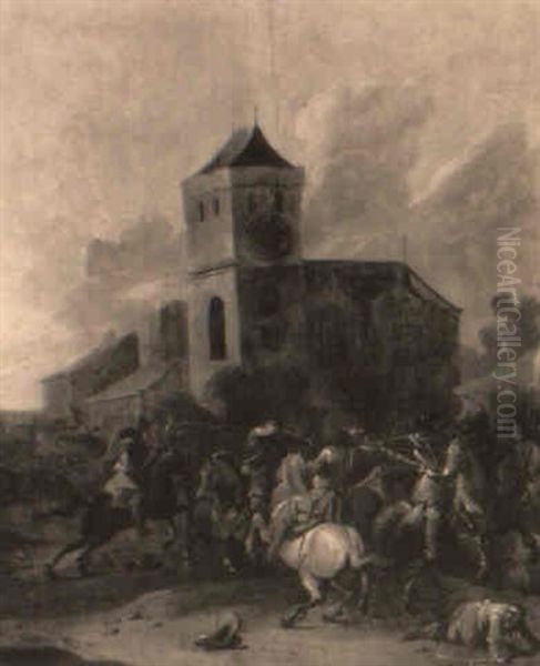 Choc De Cavalerie Devant Une Eglise Gothique Oil Painting by Simon Johannes van Douw