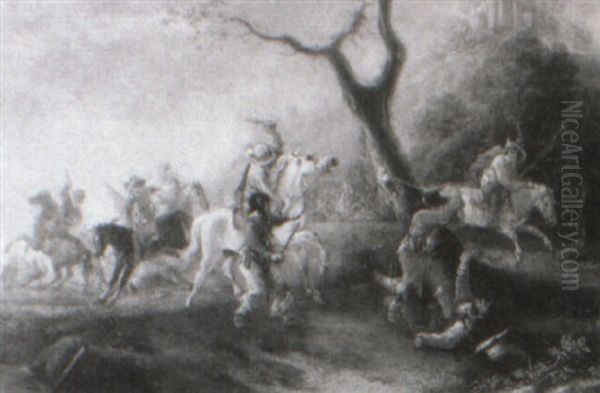 Cavalry Skirmish Beside A Wood Oil Painting by Simon Johannes van Douw