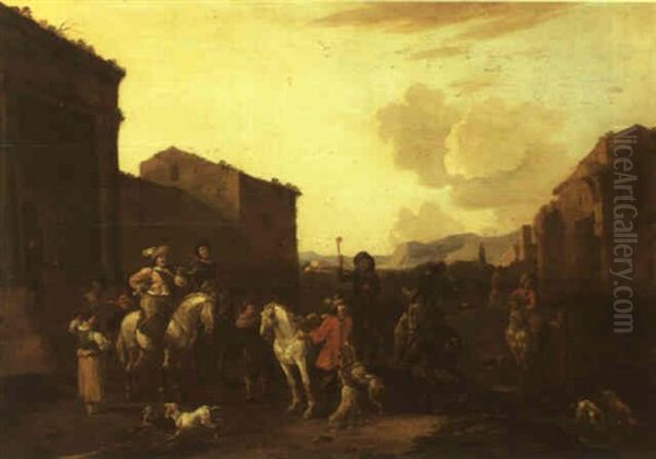 Preparing For The Hunt With Farm Buildings And Ruins Behind Oil Painting by Simon Johannes van Douw