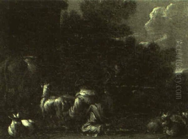 Goatherd And Cowherd With Goats And Cattle In An Italianate Landscape Oil Painting by Simon Johannes van Douw