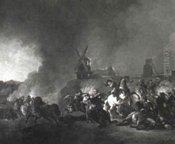 A Calvary Skirmish By A Burning Windmill Oil Painting by Simon Johannes van Douw