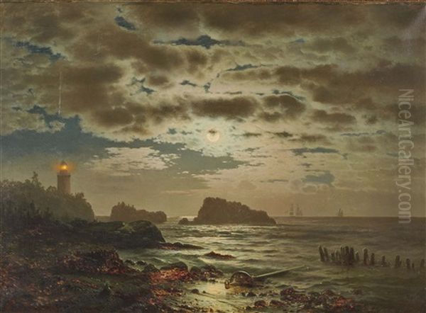 Coastal Landscape In The Moonlight Oil Painting by Louis Douzette