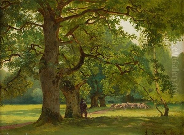 La Promenade En Foret; Berger Et Son Troupeau Oil Painting by Louis Douzette