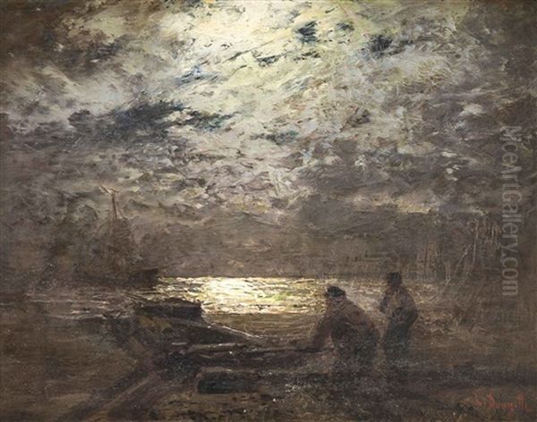 Ufer Mit Fischern Bei Mondschein Oil Painting by Louis Douzette