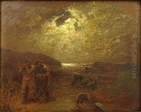 Moonlit Shore Scene Oil Painting by Louis Douzette