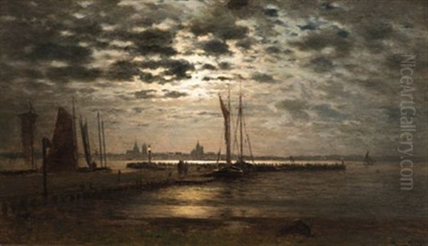 Mondlicht Uber Stralsund Oil Painting by Louis Douzette