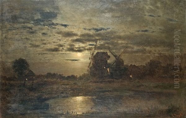 Moonlit Night At The Mill Oil Painting by Louis Douzette