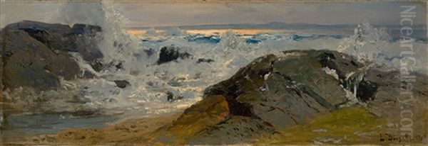 Rocky Coast With A Stormy Sea Oil Painting by Louis Douzette