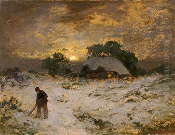 Winterlandschaft Bei Sonnenuntergang Oil Painting by Louis Douzette