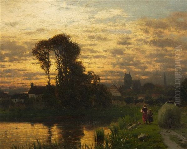 Evening Landscape With Peasants Returning From The Harvest Oil Painting by Louis Douzette