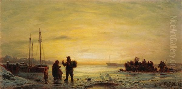 Fischer Auf Zugefrorenem See Bei Sonnenuntergang Oil Painting by Louis Douzette