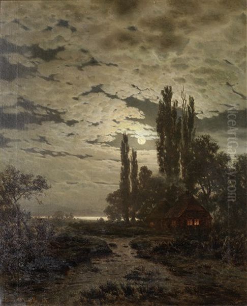 A Moonlit Landscape Oil Painting by Louis Douzette