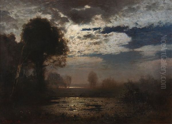 Moonlit Lake Oil Painting by Louis Douzette